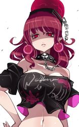 Rule 34 | 1girl, arm at side, bare shoulders, black shirt, breasts, chain, cleavage, clothes writing, collar, collarbone, earrings, eyelashes, frown, hand on own hip, hecatia lapislazuli, highres, jewelry, large breasts, lips, long hair, looking at viewer, navel, pink lips, pointy ears, raptor7, red eyes, red hair, shaded face, shirt, simple background, skull collar, solo, spiked collar, spikes, touhou, upper body, white background
