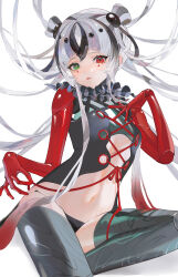 Rule 34 | 1girl, absurdres, arthropod girl, black hair, black panties, cross-laced clothes, cross-laced top, doll joints, double bun, facial mark, fate/grand order, fate (series), foot out of frame, green eyes, grey hair, hair bun, hand on own chest, heterochromia, highres, insect girl, joints, kashin koji (fate), long bangs, long hair, looking at viewer, multicolored hair, neck ruff, panties, parai0, parted lips, red eyes, rope belt, sidelocks, silk, simple background, single hair ring, sitting, solo, spider girl, underwear, white background, white hair