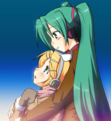 Rule 34 | 2girls, aqua eyes, aqua hair, blonde hair, blue background, blush, coat, female focus, fumotono mikoto, gradient background, hatsune miku, headphones, hug, kagamine rin, long hair, long sleeves, looking at another, matching hair/eyes, mittens, multiple girls, open mouth, parted lips, scarf, short hair, teeth, twintails, very long hair, vocaloid, winter clothes