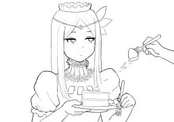 Rule 34 | 1girl, cake, closed mouth, crown, donburi (donburikazoku), dress, flower, food, food theft, greyscale, hair flower, hair ornament, long hair, monochrome, overlord (maruyama), renner theiere chardelon ryle vaiself, simple background, transparent background, unamused, white background
