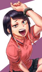 Rule 34 | 1girl, audio jack, black hair, black skirt, blunt bangs, boku no hero academia, bracelet, chain, commentary request, green eyes, highres, jewelry, jirou kyouka, official alternate costume, open mouth, pink shirt, pleated skirt, purple background, shirt, short hair, sidelocks, skirt, solo, spiked bracelet, spikes, tongue, tongue out, two-tone background, white background, yomoyama yotabanashi
