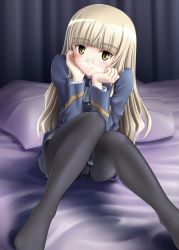 Rule 34 | 1girl, bed, black pantyhose, blonde hair, blush, crotch seam, glasses, hand on own cheek, hand on own face, hands on own cheeks, hands on own face, legs, long hair, looking at viewer, mushoku no hourousha, panties, panties under pantyhose, pantyhose, perrine h. clostermann, sitting, smile, solo, strike witches, underwear, uniform, white panties, world witches series, yellow eyes