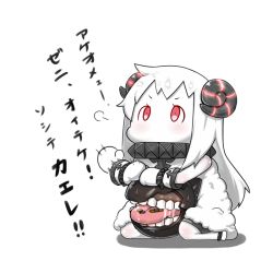 Rule 34 | 10s, 1girl, abyssal ship, ahoge, bad id, bad pixiv id, capriccyo, colored skin, dress, horns, kantai collection, long hair, looking at viewer, mittens, northern ocean princess, red eyes, sheep horns, sitting, solo, white dress, white hair, white skin
