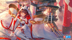 Rule 34 | 1girl, animal ear fluff, animal ears, azur lane, bare shoulders, bell, black hair, blush, cannon, closed mouth, commentary, commission, detached sleeves, ears through headwear, english commentary, fox ears, hand up, highres, hood, hood up, janyhero, jingle bell, long sleeves, looking at viewer, machinery, nagato (azur lane), nagato (great fox&#039;s white gown) (azur lane), no shoes, obi, red eyes, sash, short hair, sitting, smile, solo, thighhighs, torii, turret, watermark, web address, white sleeves, white thighhighs, wide sleeves, yokozuwari