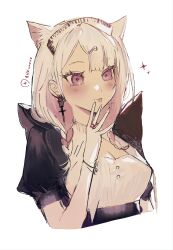 Rule 34 | 1girl, absurdres, animal ear fluff, animal ears, arknights, black sleeves, blush, braid, breasts, buttons, cat ears, cleavage, closed mouth, commentary request, cropped torso, cross, cross earrings, earrings, elbow gloves, fingers to mouth, frilled shirt, frills, gloves, hair ornament, hairclip, highres, jewelry, juliet sleeves, kazemaru (arknights), kazemaru (like illusion) (arknights), kodama masaki, large breasts, long hair, long sleeves, looking at viewer, low twin braids, maid headdress, multicolored hair, official alternate costume, parted bangs, pink hair, puffy sleeves, purple eyes, ring, shirt, sidelocks, simple background, solo, tongue, tongue out, twin braids, twitter username, two-tone hair, upper body, white background, white gloves, white hair, white shirt