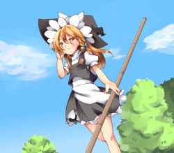 Rule 34 | 1girl, apron, bamboo broom, black skirt, black vest, blonde hair, blue sky, blush, braid, bright pupils, broom, cloud, cycloneyukari, day, dutch angle, feet out of frame, fingernails, from below, hand in own hair, hat, high collar, holding, holding broom, kirisame marisa, long hair, looking away, orange eyes, outdoors, petticoat, puffy short sleeves, puffy sleeves, shirt, short sleeves, single braid, skirt, sky, smile, solo, standing, standing on one leg, touhou, tree, vest, waist apron, white shirt, wind, witch hat