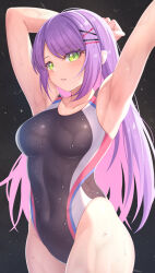 Rule 34 | 1girl, absurdres, aoi zerii, armpits, black background, black one-piece swimsuit, breasts, colored inner hair, competition swimsuit, green eyes, hair ornament, hairclip, highleg, highleg swimsuit, highres, hololive, medium breasts, multicolored clothes, multicolored hair, multicolored swimsuit, one-piece swimsuit, pink hair, presenting armpit, purple hair, simple background, solo, swimsuit, tokoyami towa, virtual youtuber, wet, wet clothes, wet swimsuit