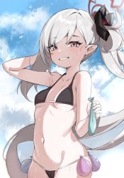 Rule 34 | 1girl, bikini, black bikini, blue archive, breasts, cloud, cloudy sky, collarbone, commentary request, flower, grey hair, grin, hair flower, hair ornament, halo, highres, holding, long hair, looking at viewer, mr.zhuo, mutsuki (blue archive), navel, pointy ears, purple eyes, side ponytail, sky, small breasts, smile, solo, swimsuit, very long hair, water balloon, wet