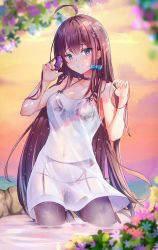 Rule 34 | 1girl, absurdres, aden 07, ahoge, black panties, black thighhighs, blue bow, blurry, blurry background, blush, bow, bra visible through clothes, breasts, brown hair, bug, butterfly, butterfly on hand, choker, cleavage, closed mouth, collarbone, dress, front-tie bra, garter belt, gluteal fold, hair between eyes, hair bow, hair ornament, heart, heart hair ornament, highleg, highleg panties, highres, insect, lingerie, long hair, navel, original, panties, partially submerged, purple choker, purple eyes, pussy juice, see-through, short dress, sleeveless, sleeveless dress, small breasts, solo, standing, straight hair, sundress, thighhighs, underwear, very long hair, wading, wet, wet clothes, wet dress, white dress