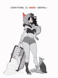 Rule 34 | 1girl, animal, bare shoulders, basket, black hair, breasts, cat, cleavage, english text, grin, hat, highres, keva (liltkeva), large breasts, long hair, midriff, navel, no shoes, original, red eyes, red headwear, santa hat, shorts, simple background, smile, socks, spot color, standing, teeth, too many, too many cats