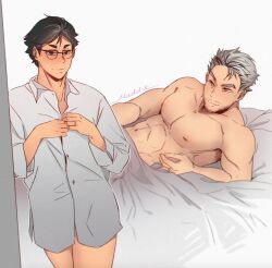 Rule 34 | 2boys, abs, aged up, bara, beard stubble, bed sheet, bespectacled, bokuto koutarou, bottomless, character request, collared shirt, facial hair, glasses, gradient hair, grey hair, haikyuu!!, jewelry, large pectorals, lying, maddox rider, male focus, mature male, multicolored hair, multiple boys, muscular, muscular male, mustache stubble, naked sheet, navel, nipples, on back, on bed, pectorals, red-framed eyewear, ring, seductive smile, shirt, short hair, sideburns, smile, stomach, stubble, thick eyebrows, thighs, topless male, undressing