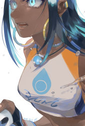 Rule 34 | 1girl, black hair, blue eyes, blue hair, breasts, commentary, creatures (company), dark-skinned female, dark skin, dated, dynamax band, ear piercing, earrings, eyelashes, game freak, gloves, gym leader, holding, hoop earrings, jewelry, long hair, multicolored hair, necklace, nessa (pokemon), nintendo, open mouth, partially fingerless gloves, piercing, pokemon, pokemon swsh, signature, simple background, solo, teeth, tongue, two-tone hair, water drop, wet, white background, yu ikedon