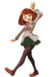 Rule 34 | 10s, 1girl, 310123, black pantyhose, blush stickers, boku no hero academia, brown eyes, brown footwear, brown hair, buttons, green skirt, highres, loafers, long sleeves, md5 mismatch, necktie, open mouth, outstretched arms, pantyhose, pleated skirt, school uniform, shoes, short hair, skirt, smile, solo, spread arms, uraraka ochako, waving