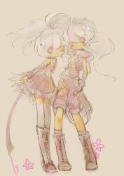 Rule 34 | 13 31n, 2girls, androgynous, bandaged arm, bandages, black footwear, blush, boots, brown background, closed mouth, clothes around waist, commentary request, crossed legs, detached sleeves, dot mouth, dual persona, expressionless, fingerless gloves, flower (symbol), flower (vocaloid), flower (vocaloid3), flower (vocaloid4), full body, gloves, grey hair, grey thighhighs, high ponytail, highres, jacket, jacket around waist, knee boots, kneehighs, leaning forward, looking at viewer, looking to the side, multicolored footwear, multicolored hair, multiple girls, open clothes, open vest, purple eyes, purple footwear, purple gloves, purple shirt, purple shorts, purple skirt, purple socks, purple vest, shirt, short hair, shorts, signature, simple background, skirt, sleeveless, sleeveless shirt, smile, socks, standing, streaked hair, thighhighs, vest, vocaloid, watson cross