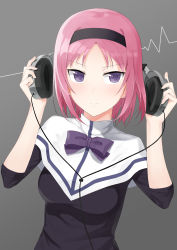 Rule 34 | &gt;:), 10s, 1girl, akitaka (pixiv12739753), black hairband, blush, capelet, gokukoku no brynhildr, grey background, hairband, headphones, highres, kazumi schlierenzauer, looking at viewer, parted bangs, pink hair, purple eyes, short hair, simple background, solo, upper body, v-shaped eyebrows