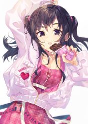 Rule 34 | 1girl, ahoge, arm up, black eyes, black hair, breasts, chocolate, cleavage, collar, collarbone, dress, floating hair, hair between eyes, hair ornament, hair scrunchie, holding, idolmaster, idolmaster cinderella girls, kurotea, long hair, mole, mole under eye, nail polish, parted lips, partially unzipped, pink dress, pink nails, pink scrunchie, plaid, plaid dress, scrunchie, small breasts, solo, sunazuka akira, twintails, white background, white collar