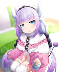 Rule 34 | 10s, 1girl, absurdres, beads, bed, black bow, black hairband, blue eyes, blunt bangs, bow, capelet, condom, dragon girl, dragon horns, dragon tail, dress, hair beads, hair bow, hair ornament, hairband, highres, holding, holding condom, horns, kanna kamui, kobayashi-san chi no maidragon, long hair, looking at viewer, monster girl, on bed, open clothes, open dress, panties, pink panties, silver hair, sitting, solo, sp09, tail, thighhighs, twintails, underwear, white thighhighs