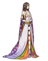 Rule 34 | 1girl, blue eyes, breasts, brown hair, center opening, cleavage, dress, full body, gloves, god wars, god wars: toki wo koete, hair ornament, highres, long hair, mino tarou, moon phases, official art, solo, transparent background, tsukuyomi (god wars), very long hair