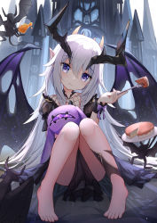 Rule 34 | 1girl, absurdres, barefoot, bat wings, black horns, braid, cake, castle, clothes between thighs, clover theater, demon, demon girl, demon wings, dress, eating, eyes visible through hair, fafnir (clover theater), feet, food, fork, glass, hair between eyes, hand up, head tilt, highres, holding, holding fork, horns, knees together feet apart, long hair, looking at viewer, no pants, hugging object, outdoors, plate, pointy ears, puffy short sleeves, puffy sleeves, purple eyes, purple ribbon, qianze chia, ribbon, short sleeves, silver hair, sitting, spilling, thighs, very long hair, wings