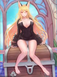 Rule 34 | 00s, 1girl, animal ears, bad id, bad pixiv id, barefoot, blonde hair, breasts, chestnut mouth, cleavage, dress, dungeon and fighter, female focus, highres, large breasts, long hair, looking at viewer, open mouth, orange eyes, short dress, sitting, solo, tasselcat, very long hair