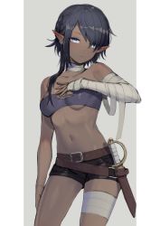Rule 34 | 1girl, arm at side, bandages, bandaged arm, bandaged leg, bandaged neck, bandages, bare shoulders, belt, belt buckle, black hair, black shorts, blue hair, breasts, buckle, closed mouth, collarbone, commentary request, cowboy shot, dagger, dark-skinned female, dark elf, dark skin, earrings, elf, expressionless, hair over one eye, highres, jewelry, knife, navel, original, pointy ears, saz8720, sheath, sheathed, short hair with long locks, short shorts, shorts, single sidelock, small breasts, stomach, strapless, tube top, two-tone background, underboob, weapon