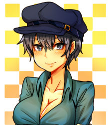Rule 34 | 1girl, atlus, blue eyes, blue hair, breast lift, breasts, cabbie hat, cleavage, collarbone, dress shirt, hat, kataro, large breasts, light smile, lowres, matching hair/eyes, open clothes, open shirt, persona, persona 4, portrait, shin megami tensei, shirogane naoto, shirt, short hair, smile, solo