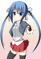 Rule 34 | 10s, 1girl, amatsuka tsurara, baby princess, black thighhighs, blue eyes, blue hair, chocolate, contrapposto, food, holding, holding food, long sleeves, looking at viewer, matching hair/eyes, outstretched arm, shio, solo, standing, thighhighs, twintails