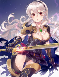 Rule 34 | 1girl, alternate costume, armor, armored leotard, ascot, black armor, breasts, cape, cleavage, corrin (female) (fire emblem), corrin (female) (nohr noble) (fire emblem), corrin (fire emblem), fire emblem, fire emblem fates, gauntlets, glowing, glowing sword, glowing weapon, greaves, hairband, haru (nakajou-28), highres, leotard, long hair, nintendo, official alternate costume, open mouth, pointy ears, red eyes, shoulder armor, silver hair, solo, sword, thigh gap, thighhighs, torn cape, torn clothes, very long hair, wavy hair, weapon, yato (fire emblem)