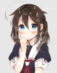 Rule 34 | 10s, 1girl, ahoge, alternate hairstyle, black serafuku, blue eyes, blush, brown hair, closed mouth, grey background, hair between eyes, hair flaps, hair ornament, hand on own chin, holding, holding own hair, jpeg artifacts, kantai collection, long hair, looking at viewer, naoto (tulip), neckerchief, necktie, red neckerchief, red necktie, school uniform, serafuku, shigure (kancolle), shigure kai ni (kancolle), short sleeves, simple background, sleeve cuffs, smile, solo, sweat, tareme, twintails, twintails day, twitter username, upper body