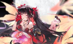 Rule 34 | 1girl, :d, absurdres, bare shoulders, black choker, black hair, chest tattoo, choker, commentary request, detached sleeves, dress, facial mark, highres, honkai: star rail, honkai (series), hutaoyingying65626, long hair, looking at viewer, moon, open mouth, pink eyes, red dress, short sleeves, smile, solo, sparkle (honkai: star rail), tattoo, twintails, very long hair