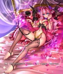 Rule 34 | 1girl, babydoll, bare shoulders, barefoot, black nails, black panties, blue eyes, blush, bracelet, breasts, cleavage, closed mouth, demon girl, demon horns, demon tail, demon wings, drill hair, feet, flower, full body, gyakushuu no fantasica, hair between eyes, hair flower, hair ornament, highleg, highleg panties, horns, jewelry, large breasts, long hair, lying, nail polish, navel, no shoes, official art, on back, on bed, panties, petals, pink hair, purple flower, purple rose, red flower, red rose, ribbon, rose, rose petals, ryuki@maguro-ex, see-through, see-through legwear, smile, solo, stomach, tail, tail ornament, tail ribbon, thighhighs, toeless legwear, toenail polish, toenails, toes, underwear, very long hair, wings
