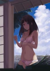 Rule 34 | 10s, 1girl, black eyes, black hair, blunt bangs, blurry, bra, breasts, chitanda eru, cleavage, clothes pull, day, depth of field, hyouka, lingerie, long hair, navel, no shirt, panties, skirt, skirt pull, small breasts, sola7764, solo, standing, strap slip, underwear, underwear only