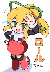 1girl blonde_hair blush_stickers character_name dress full_body green_eyes high_ponytail highres long_hair mega_man_(classic) mega_man_(series) ponytail ramudia_(lamyun) red_dress roll_(mega_man) simple_background solo white_background