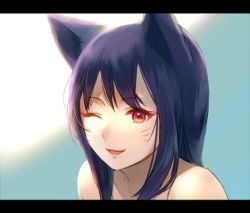 Rule 34 | 1girl, ahri (league of legends), animal ears, bad id, bad pixiv id, black hair, facial mark, fox ears, hamamo, league of legends, letterboxed, long hair, looking at viewer, lowres, one eye closed, open mouth, red eyes, solo