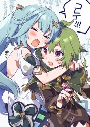 Rule 34 | &gt; &lt;, 2girls, ahoge, aqua hair, aqua nails, arms around neck, backless dress, backless outfit, blush, brooch, brown dress, capelet, closed eyes, clothing cutout, collei (genshin impact), commentary request, dress, faruzan (genshin impact), genshin impact, green hair, highres, hug, jewelry, long hair, looking at another, multiple girls, nail polish, open mouth, pink nails, ponpoko, purple eyes, short hair, shoulder cutout, surprised, translation request, twintails, upper body, white dress