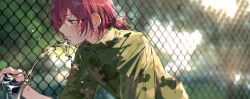 Rule 34 | 1boy, blue eyes, chain-link fence, chinese commentary, commentary, drinking fountain, ensemble stars!, fence, glasses, hair tie, high collar, highres, low ponytail, male focus, military, military uniform, open mouth, purple hair, rrr (reason), saegusa ibara, solo, uniform, water