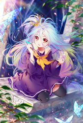 Rule 34 | 10s, 1girl, black thighhighs, blonde hair, blue hair, bug, butterfly, card, crown, gradient hair, green hair, insect, kaze-hime, long hair, looking at viewer, multicolored hair, no game no life, one side up, orange eyes, petals, pink hair, playing card, school uniform, shiro (no game no life), sitting, solo, thighhighs, very long hair, wariza, watermark, web address