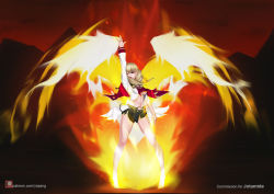 Rule 34 | 1girl, arm up, bare legs, bike shorts, bird, blonde hair, breasts, burning clothes, cape, commission, drill hair, erika wagner, finishing move, fire, hand up, looking at viewer, patreon username, phoenix, red eyes, tagme, torn clothes, under night in-birth, underboob, wings, yiqiang