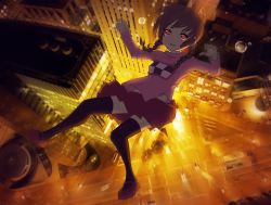 Rule 34 | 1girl, bad end, braid, brown hair, building, city, city lights, falling, madotsuki, pink shirt, red eyes, shirt, skirt, solo, spoilers, suicide, tears, thighhighs, twin braids, yume nikki
