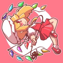 Rule 34 | 1girl, ascot, blonde hair, crescent moon, flandre scarlet, hair over one eye, hat, hekoningyou (waraningyou), moon, red eyes, ribbon, short hair, side ponytail, smile, solo, touhou, upside-down, wings