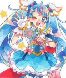 Rule 34 | 1girl, ;d, ahoge, blue eyes, blue hair, blue skirt, blush, bow, brooch, cape, commentary, cure sky, detached sleeves, earrings, fingerless gloves, gloves, highres, hirogaru sky! precure, jewelry, kayori (kyr 28), magical girl, one eye closed, open mouth, pink bow, precure, puffy detached sleeves, puffy sleeves, single earring, single sidelock, skirt, sky mirage, smile, solo, sora harewataru, twintails, two-sided cape, two-sided fabric, wing brooch, wing hair ornament