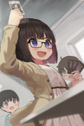 Rule 34 | 1girl, 2boys, belt, black-framed eyewear, blue eyes, blunt bangs, boss&#039;s orders, brown belt, brown hair, brown jacket, card, commentary request, creatures (company), dress, game freak, giovanni (pokemon), highres, holding, holding card, indoors, jacket, long sleeves, mimikaki (men bow), multiple boys, nintendo, open clothes, open jacket, open mouth, original, pokemon, pokemon card, pokemon tcg, short hair, smile, table, white dress