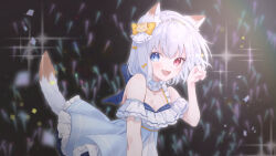 Rule 34 | 1girl, :d, animal ear fluff, animal ears, arisugawa etona, bare shoulders, blue bow, blue dress, blue eyes, blush, bow, breasts, cat ears, cat girl, cat hair ornament, cat tail, cleavage, collar, commentary request, concert, confetti, crowd, detached collar, diffraction spikes, dress, fang, frilled collar, frilled dress, frills, glowstick, hair bow, hair ornament, hand up, happy, heterochromia, hoshino ruru, indie virtual youtuber, looking at viewer, medium hair, off-shoulder dress, off shoulder, open mouth, paw pose, penlight (glowstick), red eyes, skin fang, small breasts, smile, solo focus, stage, tail, virtual youtuber, white dress, white hair, yellow bow