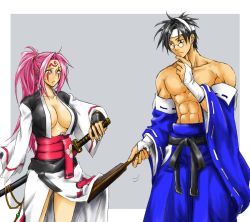 Rule 34 | 1boy, 1girl, ahomira, mito anji, arc system works, baiken, black hair, breasts, cleavage, clothes lift, glasses, guilty gear, hand fan, japanese clothes, kimono, kimono lift, large breasts, obi, one-eyed, open clothes, open kimono, pink eyes, pink hair, ponytail, sash, scar, scar across eye, scar on face, sword, tattoo, weapon