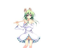 Rule 34 | 1girl, bare shoulders, detached sleeves, dragon providence, dress, flute, goat horns, green hair, horns, instrument, looking at viewer, official art, pan (dragon providence), solo, standing, transparent background, white dress