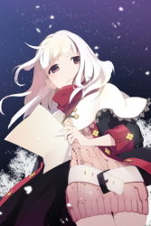 Rule 34 | 1girl, belt, blunt bangs, brown eyes, cloak, coat, dress, flat chest, gs agent, long hair, lowres, paper, red scarf, scarf, snowing, solo, sweater, sweater dress, sword girls, white hair