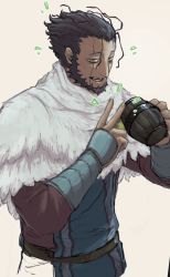 Rule 34 | 1boy, bags under eyes, beard, belt, black hair, blue tabard, brown belt, capelet, commentary request, cowboy shot, cropped torso, cup, dark-skinned male, dark skin, facial hair, fur capelet, hair slicked back, hands up, highres, holding, holding cup, long sleeves, made in abyss, male focus, parted lips, red shirt, ringed eyes, scar, scar on face, shirt, short hair, sideburns, simple background, sketch, smile, solo, tabard, v, vambraces, wazukyan (human), white background, white capelet, wooden cup, yellow eyes, yklk (sevvrue)