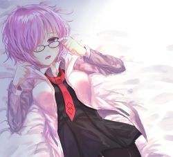 Rule 34 | 1girl, black pantyhose, blush, breasts, deep (deep4946), eyebrows, fate/grand order, fate (series), glasses, hair over one eye, highres, light purple hair, long sleeves, looking at viewer, lying, mash kyrielight, medium breasts, on back, open mouth, pantyhose, purple eyes, red neckwear, short hair, solo