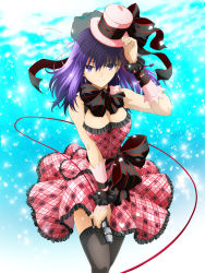 Rule 34 | 1girl, april fools, bow, breasts, cleavage, dress, fate/stay night, fate (series), female focus, frilled dress, frills, garter straps, hat, large bow, large breasts, matou sakura, microphone, official alternate costume, official art, purple eyes, purple hair, ribbon, solo, thighhighs, top hat