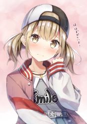 Rule 34 | 1girl, azusawa kohane, backwards hat, black hat, blonde hair, blue skirt, blush, closed mouth, collarbone, collared shirt, commentary request, furrowed brow, grey shirt, hand up, hat, highres, jacket, jewelry, long sleeves, looking at viewer, medium hair, necklace, pink background, pink jacket, project sekai, shirt, short twintails, sidelocks, skirt, solo, tareme, translated, twintails, upper body, white hat, yashin, yellow eyes